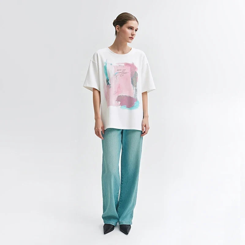 Women's T-Shirt 2026 Summer New Cotton O-Neck Drop Shoulder Tee Casual Printed Loose Short Sleeve Top For Women 12642030
