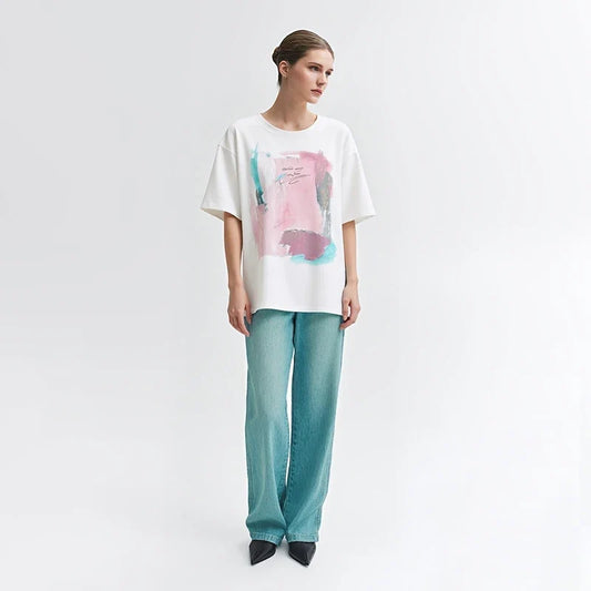 Women's T-Shirt 2026 Summer New Cotton O-Neck Drop Shoulder Tee Casual Printed Loose Short Sleeve Top For Women 12642030