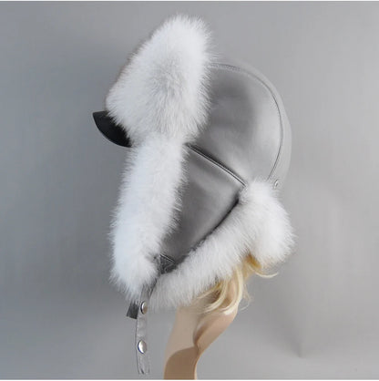 100% Real Fox Fur Hat Women's Russian Ushanka Aviator Trapper Snow Skiing Hat Caps Earflap Winter Raccoon Fur Bomber Hat