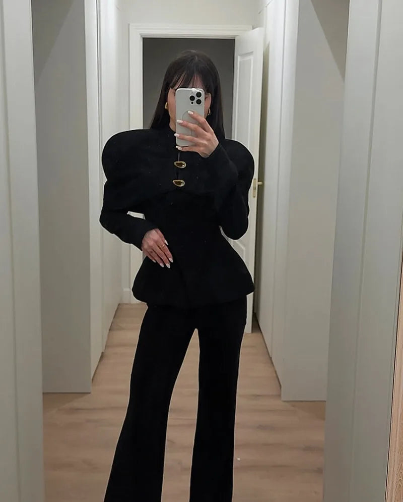 Black Elegant Blazer For Women 2025 Autumn Fashion Gold Buttons Patchwork Jacket Coat Party Vintage Commuter Suit Jacket