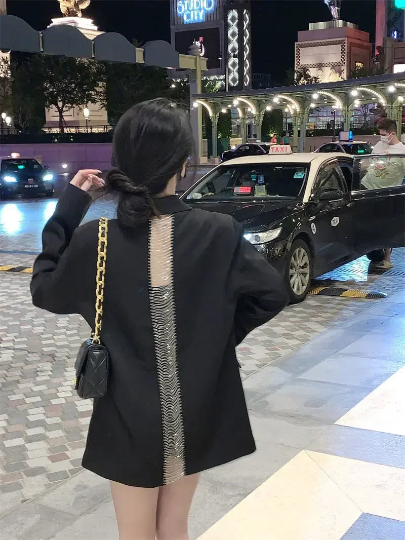 Premium Black Blazer for Women Spring Autumn New Arrival Sexy Backless Chain Accent Oversized Single Button Chic Feminine Design