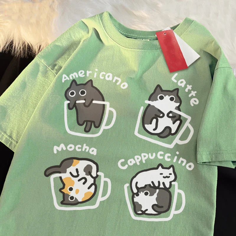 Cat Coffee Pure Cotton Trendy Summer Loose Short Sleeved T-shirt Men Women Original Mocha Latte Cat Three Flowers Fun Cat Tees