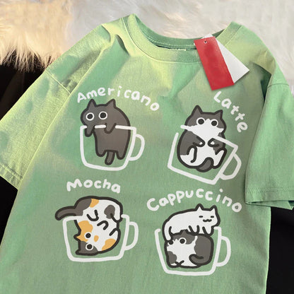 Cat Coffee Pure Cotton Trendy Summer Loose Short Sleeved T-shirt Men Women Original Mocha Latte Cat Three Flowers Fun Cat Tees