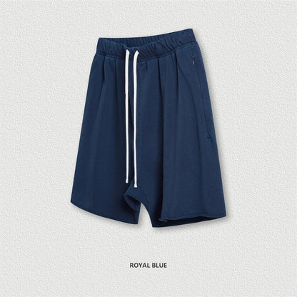 New Summer Men Retro Washed Shorts Unisex Drawstring Loose Edge 420gsm Solid Knee Length Cotton Pants Streetwears HY0589