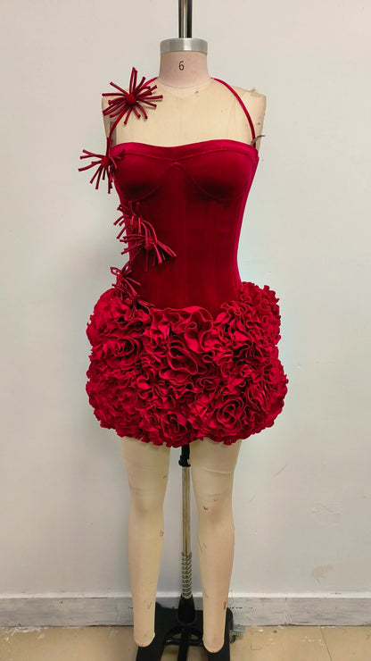 Black Red Women Sexy Strapless Laced-up Tops 2 Pieces Florals Bodycon Mini Bandage Dress Celebrate Nightclub Party Stage Wear