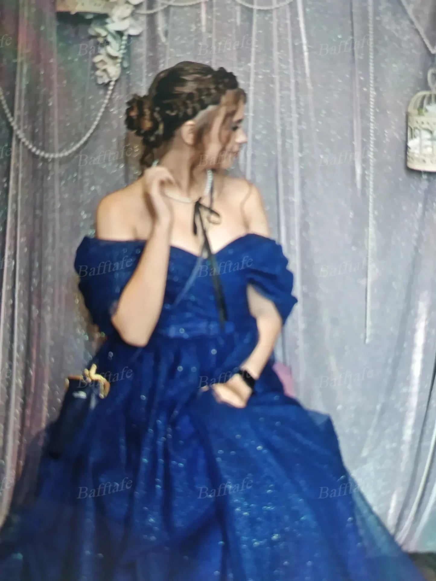 Customized Pink Shiny Tulle Prom Dresses Off Shoulder Long Puff Sleeve Evening Party Gowns Slit Women Wedding Dress