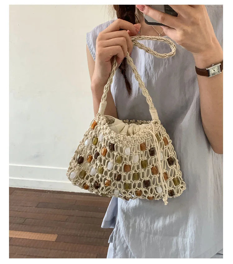 Hollow Beading Women Shoulder Bag Rope Knitting Handbags Bohemian Crochet Mesh Bags for Women Small Woven Beach Bag Flap Tote