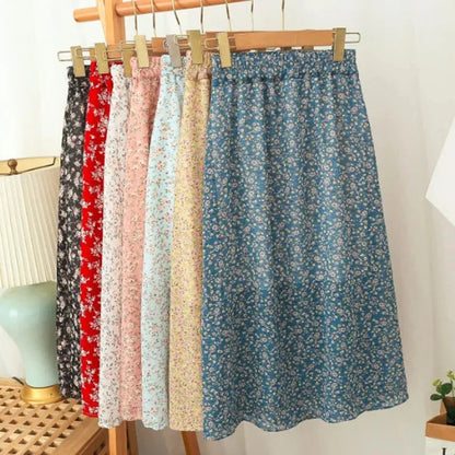 Women Chiffon Midi Skirt Korean Fashion Floral Loose Skirts High Waist Female Casual All Match A Line Skirts Summer New