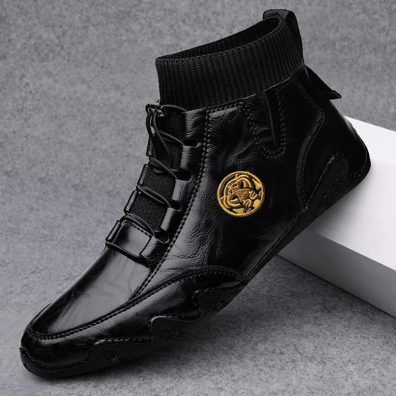 Men's Wear-resistant Boots Casual Classic Genuine Leather Handmade Shoes Ankle Round Toe Lace Up Walking Business Boot