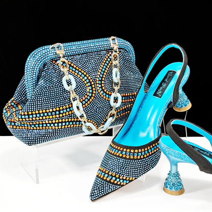 New Italian Pumps and Bag To Party 2024 INS Style Pointed-Toe Rhinestone Elegant High Heels Champagne Wedge for Women