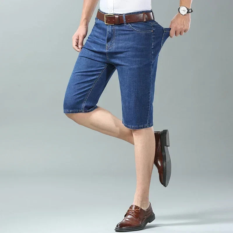 New Summer Men's Denim Shorts Fashion Light Color Casual Loose Multi-pocket Straight Five-minute Pants Elastic Knee Shorts