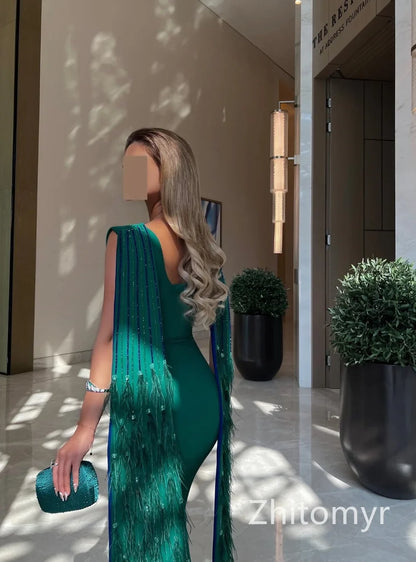 Customized Elegant Jewel Sheath Watteau Evening Dresses Rhinestone Tassel s Floor length فساتين للحفلات الراقصة vestidos para ev