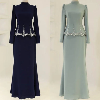 Customized Modern Style Elegant Jersey Rhinestone Ruched Straight High Collar Long Dresses Bespoke Occasion Dresses Formal Retro