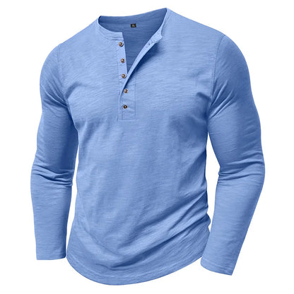 New Autumn Long Sleeve T-Shirt Mens Casual Solid Color Top Henley Neck Slim Versatile Work T-shirt Breathable Outdoor Thin Tee