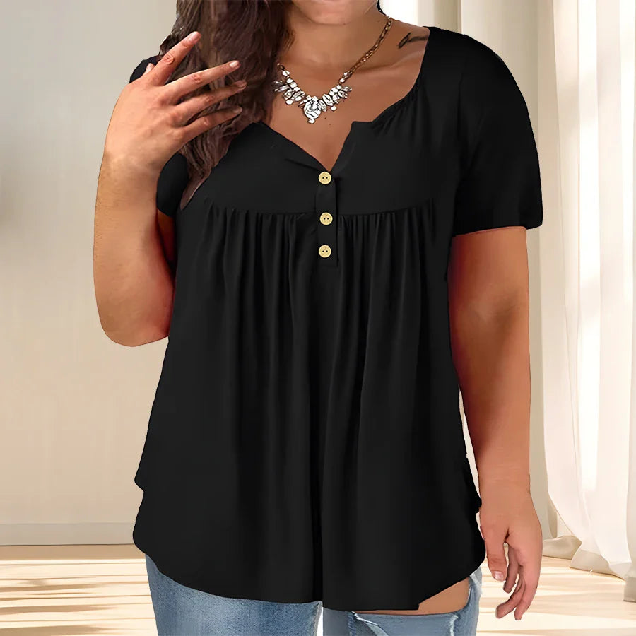 Solid Color Button Front Tee, Casual Fashion Short Sleeve Scoop Neck T-shirt for Summer