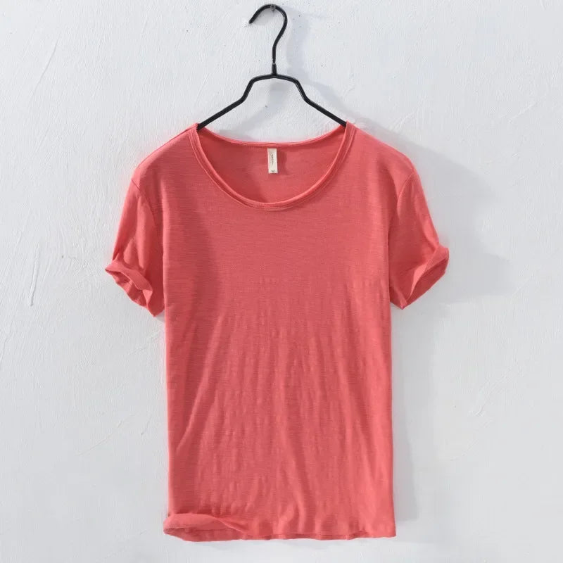 Retro Raw Edge T-Shirt for Men 100% Cotton Lightweight & Breathable Slim-Fit Monochromatic O-Neck Summer Streetwear Essential