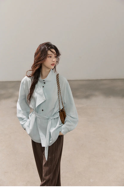 Women's Stand Collar Long Sleeve Shirts Spring Belted Waist Asymmetric Button Tops Casual Loose Solid Shirt MXF13C2459