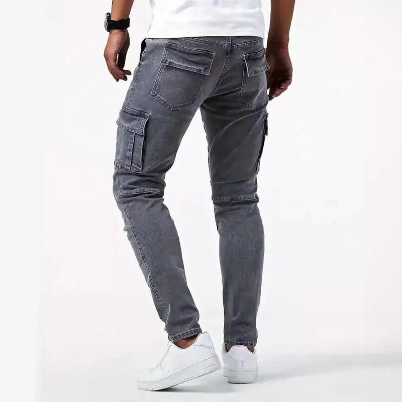 Man Business Casual Cargo Jeans Male Stylish Tide Brand Stretch Pants Spring Summer Grey Brand New Fit Straight Lightweight