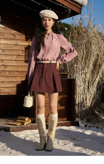 French Autumn Winter Button Up Lantern Long Sleeve Shirts Women Ruffle Neck Thick Warm Blouse Flannel Shirt MXC56X1320