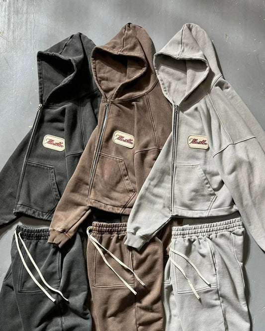 American street solid color casual wear cotton comfortable oversized sweatshirt men two-piece Harajuku jogging pants sportswear