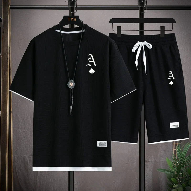 Fashionable casual men's sports suit short-sleeved T-shirt and outdoor summer sports shorts two-piece set daily casual