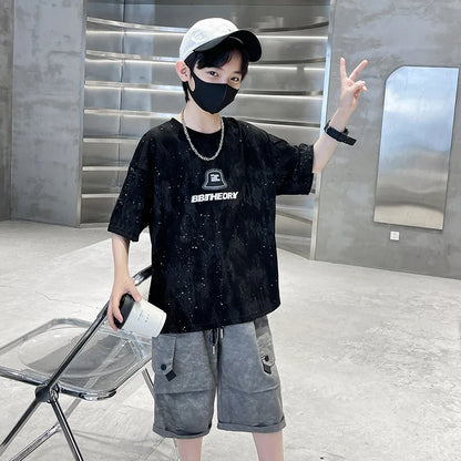 Child Summer Suit for Boy New Design Silver Sprinkles Print Cotton Top and Bottom Set Clothing 2 Piece Outfit For Kids Age 2-14Y
