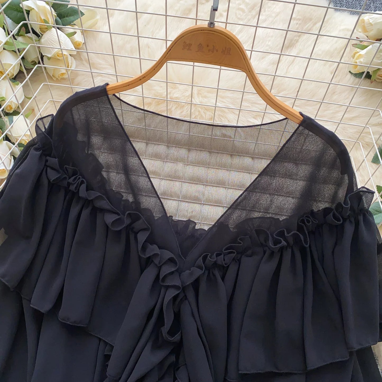 Chic Ruffles Splice Chiffon Blouse V Neck Flared Sleeve Loose Tops 2025 Fashion Solid Fairycore Vacation Women Shirt