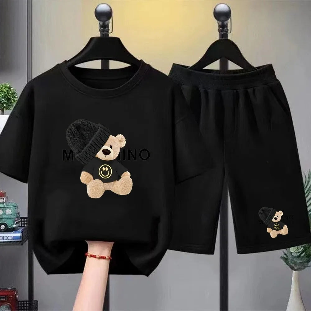 Children's Fashion Summer Clothes Set Loose Fit Cotton Tee + Elastic Waist Shorts for Boys Girls Outdoor Wear