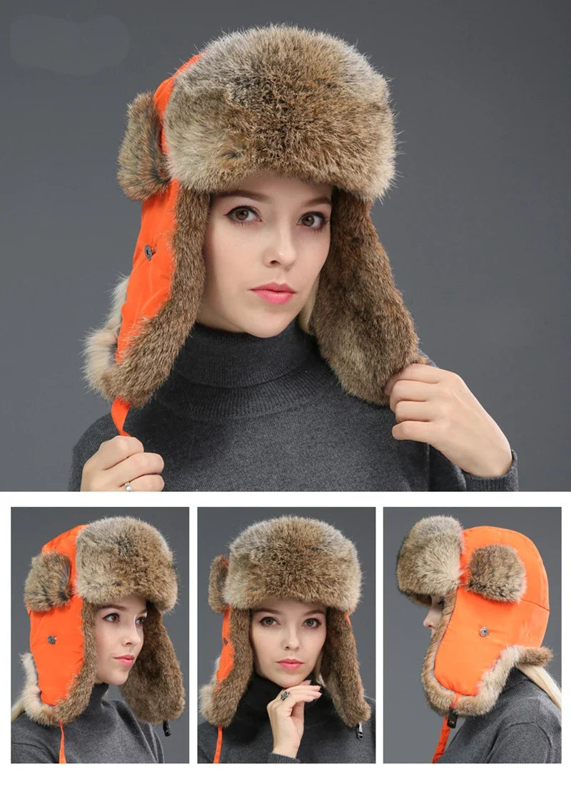 Russia Winter Real fur Hat Unisex Outdoor Windproof Super Warm Real Rabbit Fur Bomber Hats Natural Soft Natural Rabbit Fur Caps