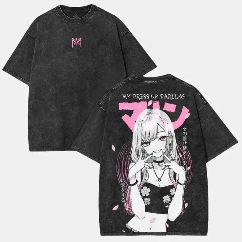 My Dress-Up Darling Kitagawa Marin Kawaii Graphic Print T-shirt Men Women Retro Washed O-neck Cotton Tee Oversize Summer New Top