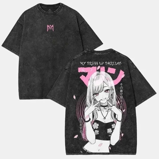 My Dress-Up Darling Kitagawa Marin Kawaii Graphic Print T-shirt Men Women Retro Washed O-neck Cotton Tee Oversize Summer New Top