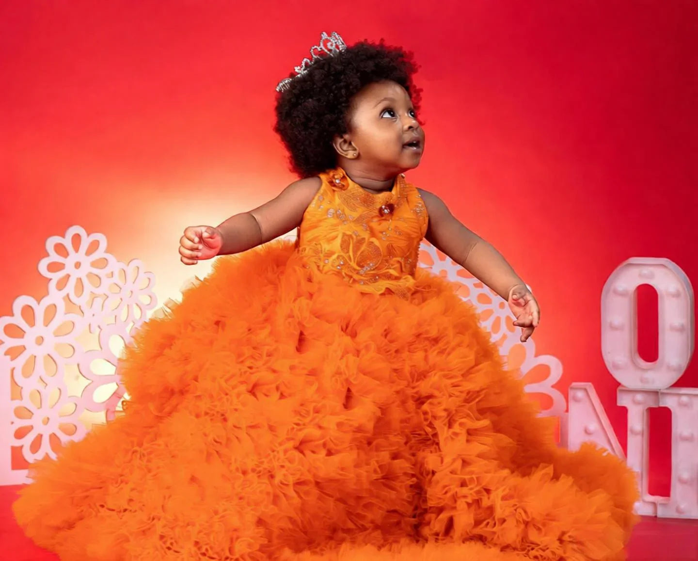 Luxury Red Ruffles Flower Girl Dresses Sequined Princess Customized Baby Girls First Birthday Party Pageant Dress For Wedding
