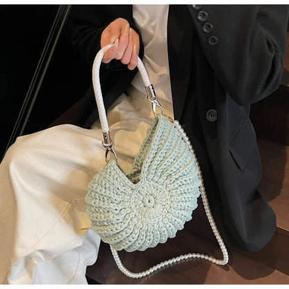 Fashion Conch Shaped Crochet Women Shoulde Bags Funny Cute Pearls Chains Handmade Weave Crossbody Bag Novelty Small Handbags