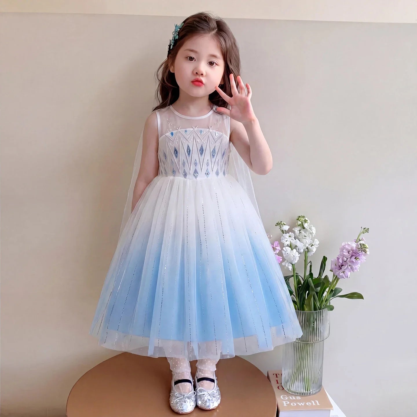 Elsa Princess Dress w/ Cape 2026 New Summer Frozen Cosplay Dresses for Little Girls Birthday Party Sleeveless Mesh Evening Dress