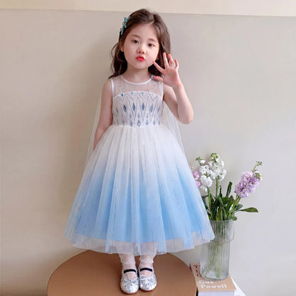 Elsa Princess Dress w/ Cape 2026 New Summer Frozen Cosplay Dresses for Little Girls Birthday Party Sleeveless Mesh Evening Dress