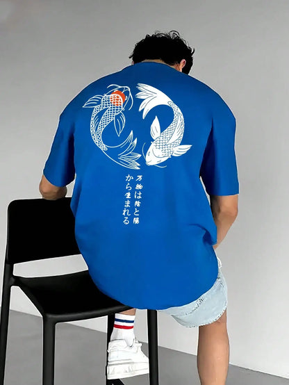 Japanese Koi Harajuku Illustration Pattern T-Shirt Men Summer Casual T Shirt Soft Fashion Short Sleeve Loose Cotton Sportswear