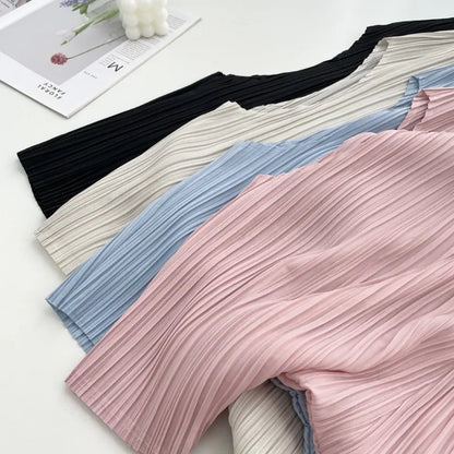 Miyake Irregular Short Sleeve Pleated Top Simple Loose Plus Size with Stretch T-Shirt Vacation Office Clothing Polyester Crepe