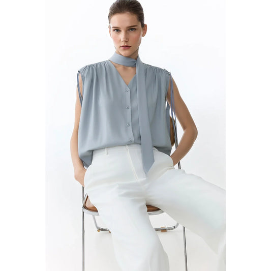 Sleeveless Women's Blouse 2026 Summer New Tie Neck Chiffon Top Flowy Loose Elegant Chic Office Shirt For Women 12642121