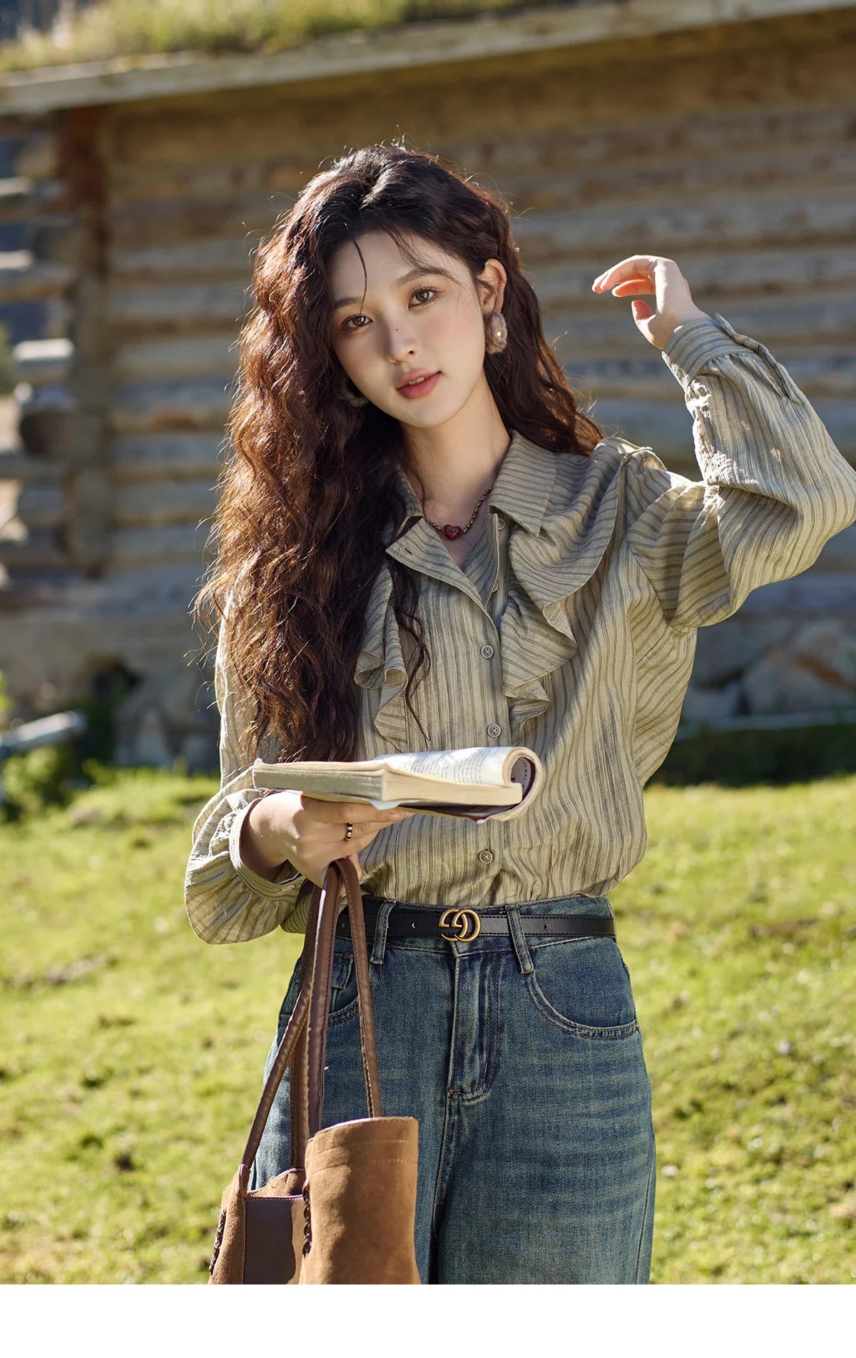 Retro Button Long Sleeved Striped Shirt for Women 2024 Autumn Korean Flounce Polo Neck Casual Tops Office Lady MXD41C0321