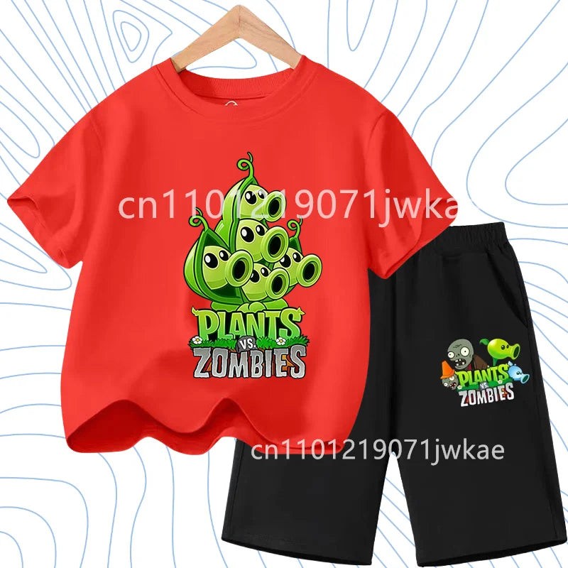 Children's Plants Vs. Zombies Short-Sleeved T-Shirt Set Cotton Summer Fashion Comfortable Top+pants for Boys and Girls