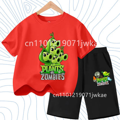 Children's Plants Vs. Zombies Short-Sleeved T-Shirt Set Cotton Summer Fashion Comfortable Top+pants for Boys and Girls