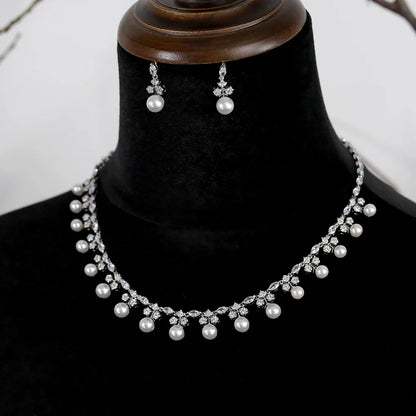 Gorgeous Cubic Zirconia Stone Pearl Choker Necklace Earring Jewelry Set for Women Bridal Satin Wedding Dress Accessories