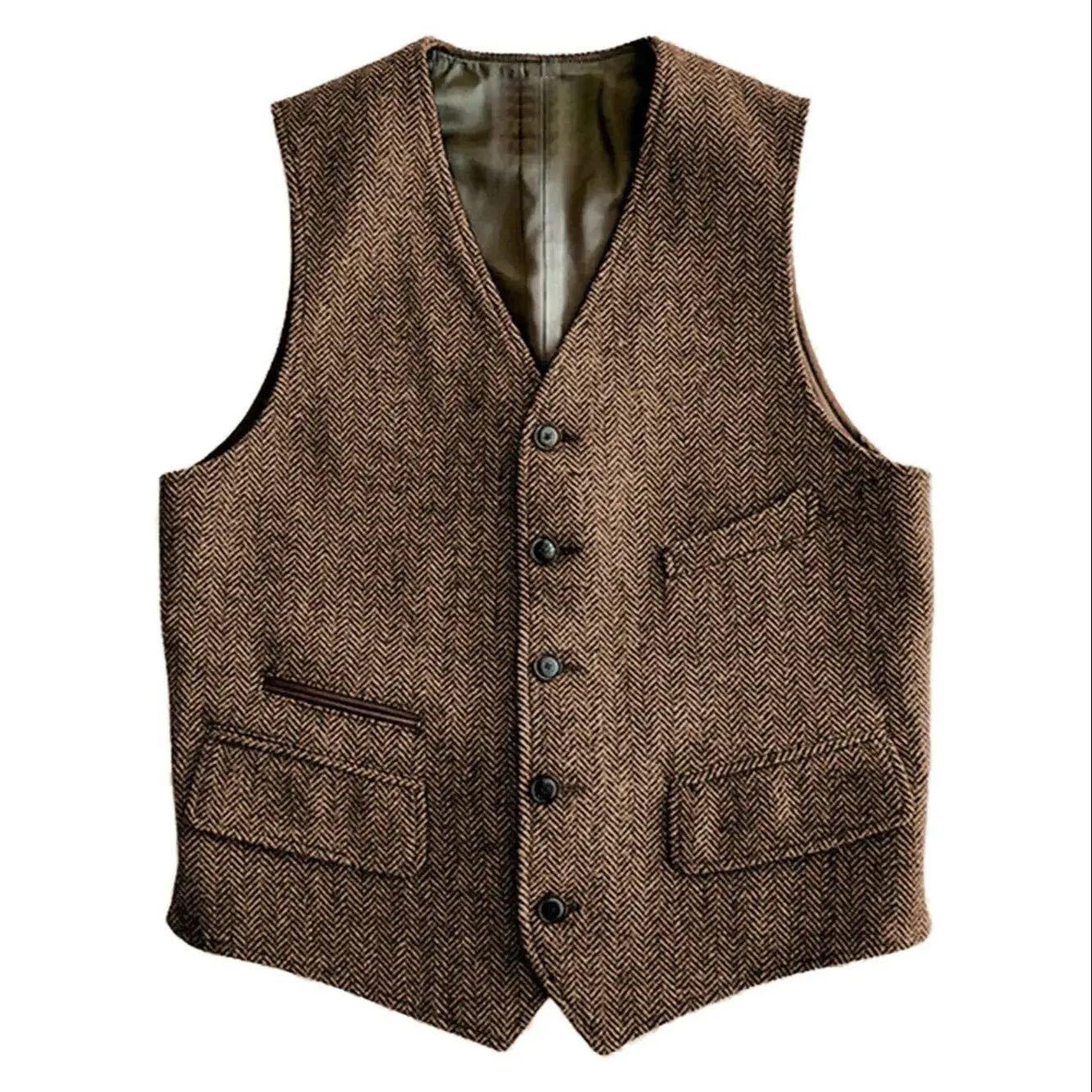 New Arrival V Neck Herringbone Men's Wastcoat Tweed  Pocket Suit Vest  Business Vest For Groomsmen For Wedding