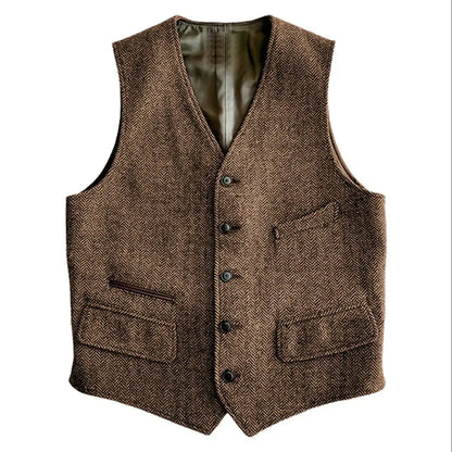 New Arrival V Neck Herringbone Men's Wastcoat Tweed  Pocket Suit Vest  Business Vest For Groomsmen For Wedding
