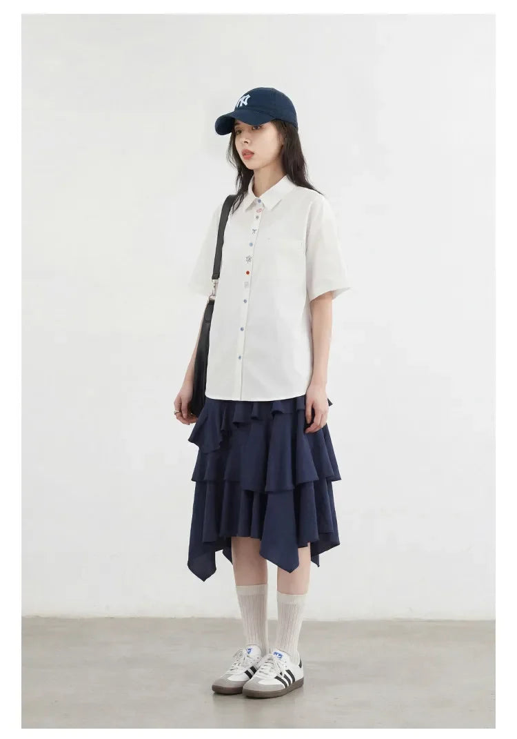 Fashion Women Shirt Short Sleeve Loose Casual Design Button Embroidered Placket Female Blouses Cotton Coat Summer 2026