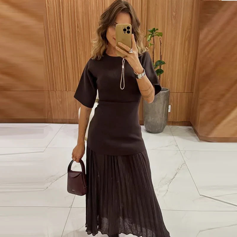 Womens Dresses Brown Pleated Dress Summer 2025 Elegant Knitted Short Sleeve Vestidos Chic Patchwork O-Neck Vacation Dresses