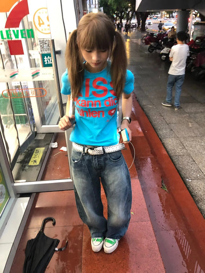 Karrram Japanese Y2k Letter Print T-shirt Trashy 2000s Style Crop Top Vintage Harajuku Short Sleeve Tee Shirt American Retro 90s