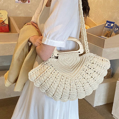 2026 New Retro Fan-shaped Crochet Woven Underarm Bag for Women Ins Style Seaside Vacation Versatile Wooden Handle Shoulder Bag