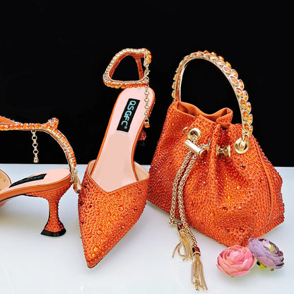 New Gold Glitter Fabric Pointed Toe High Heels With A Variety Of Shapes Of Rhinestones Fashion Party Ladies Shoes And Bag