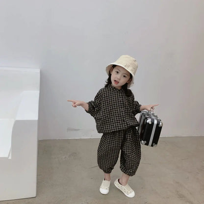 Kid Girls Korean Style Cotton Linen Suits Spring Autumn 2026 New Summer Baby Girl Fashion Casual Plaid 7-point Sleeve 2pcs Sets